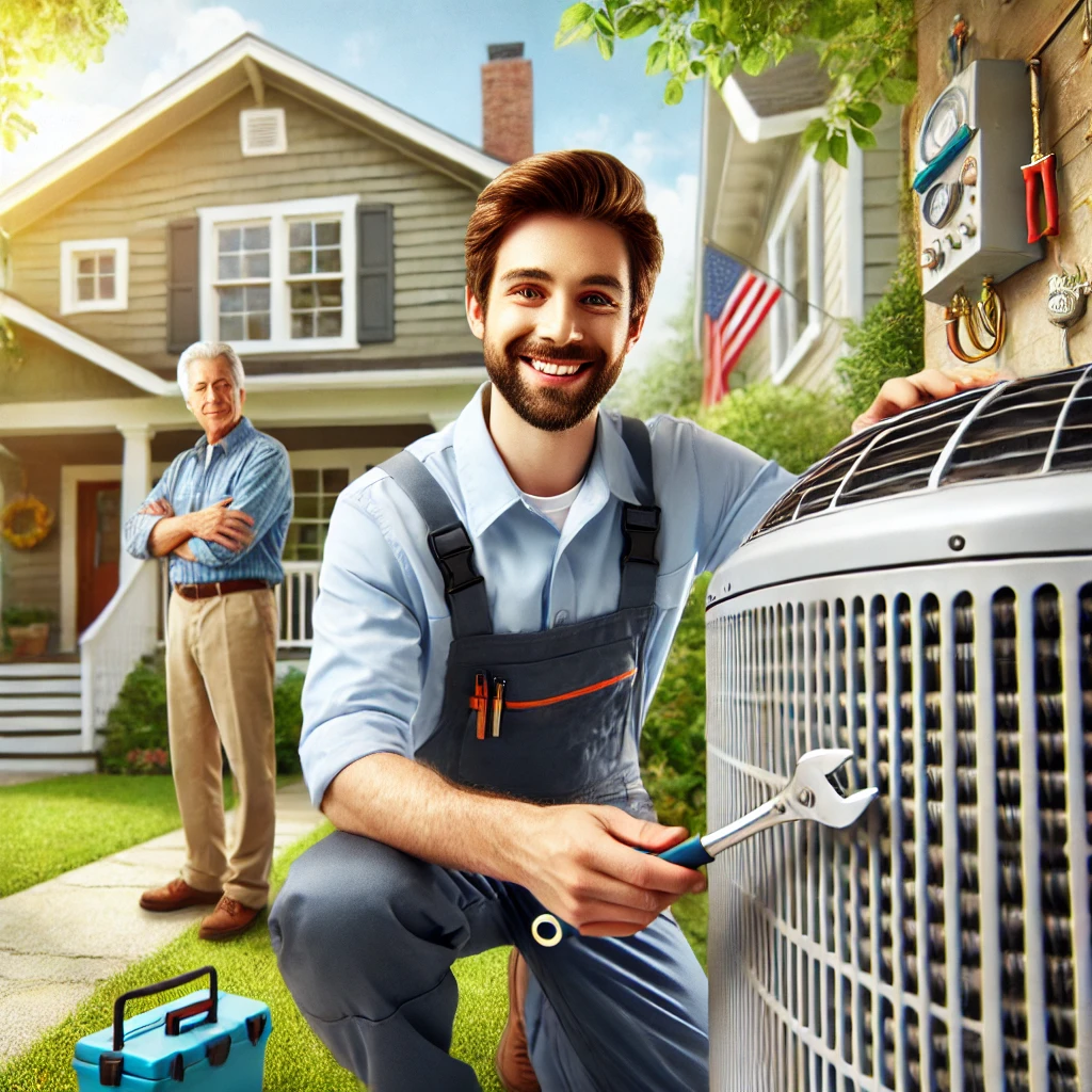 An image depicting a happy homeowner benefiting from an HVAC tune-up service. The scene shows an HVAC technician checking the air conditioning unit outside the house while the homeowner looks satisfied in the background. The technician is professional, wearing a uniform, and holding tools. The house is clean and well-maintained, with the HVAC unit in the foreground. The setting is bright and inviting, giving a sense of relief and comfort. The background should be a suburban home, with greenery and sunlight to emphasize a pleasant environment.